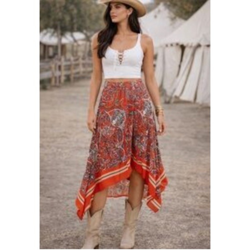 HM Red Scarf Print Handkerchief Hem Midi Skirt High Waisted Size 6 XX